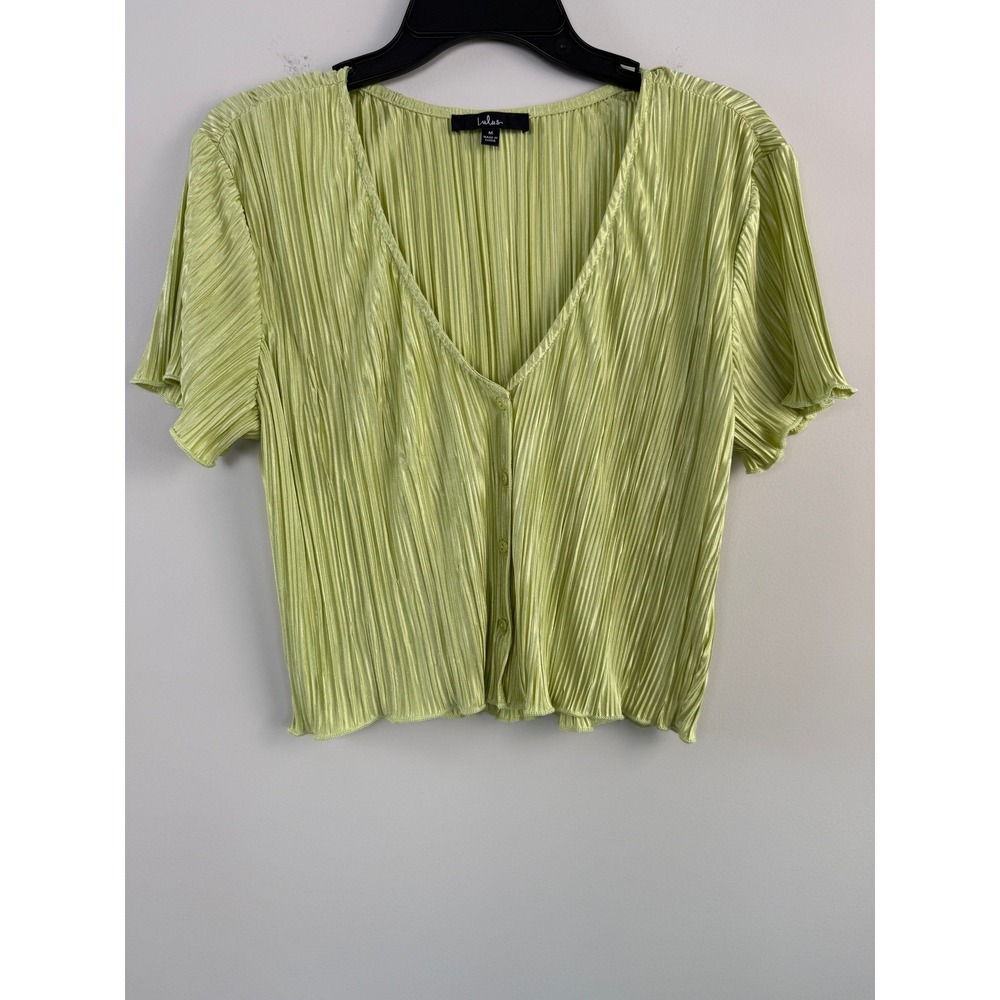 Lulus Lime Green Plissé Pleated Cropped Top V‑Neck Button Front Women's M